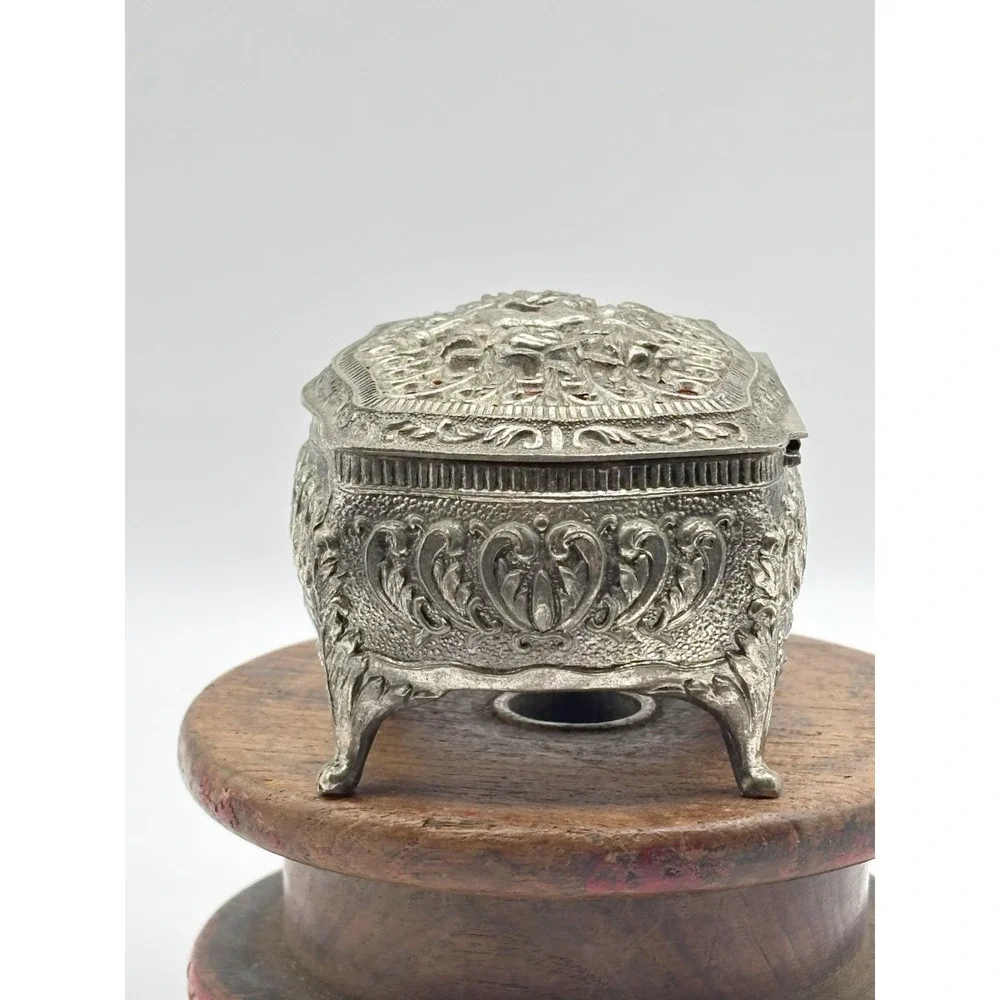 Vintage Filagree Footed Jewelry Box Casket Ornate Angel Red Velvet Lining Japan